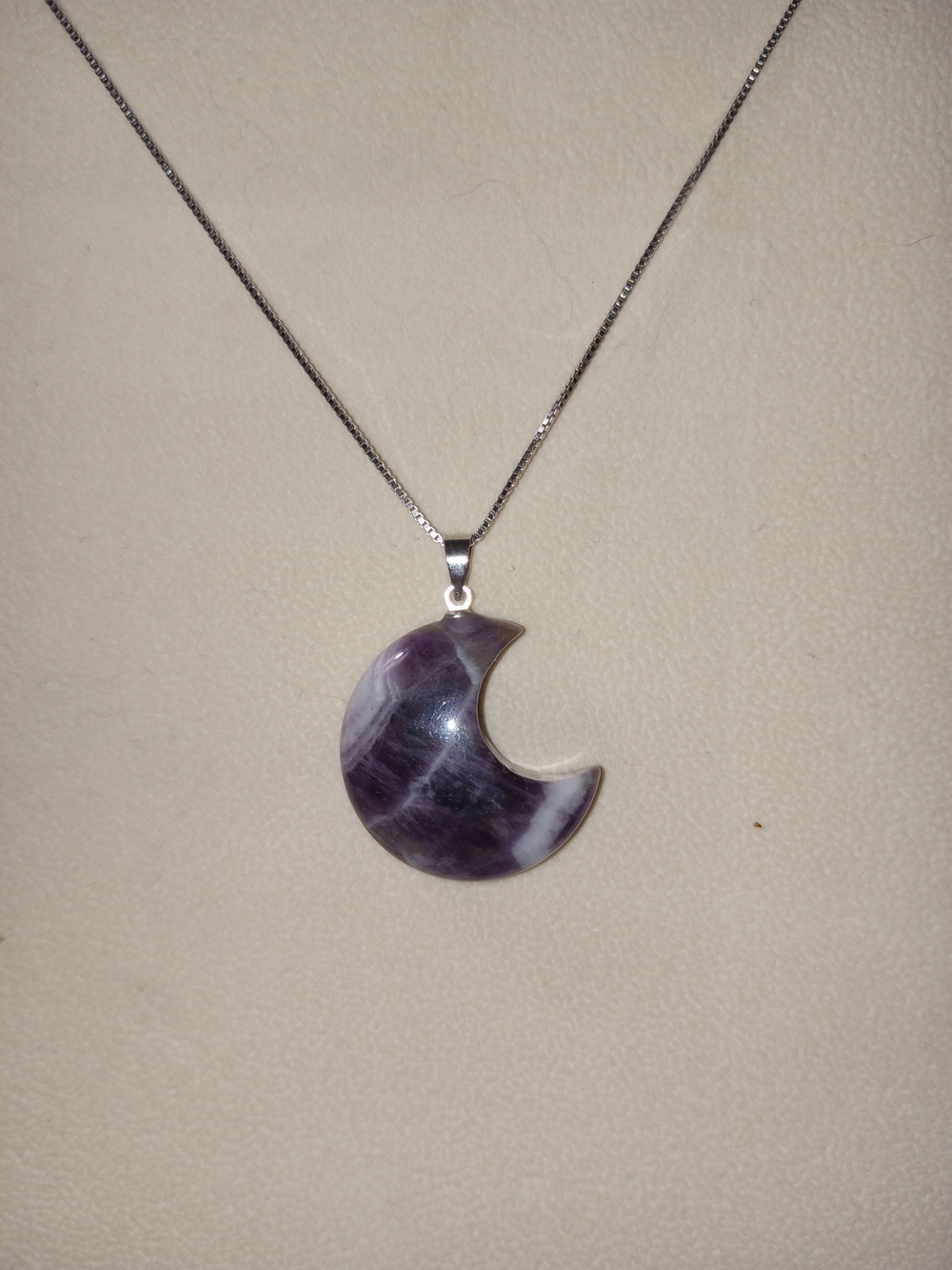Crescent Moon Amethyst Pendant Necklace - Purple Stone on Silver Chain